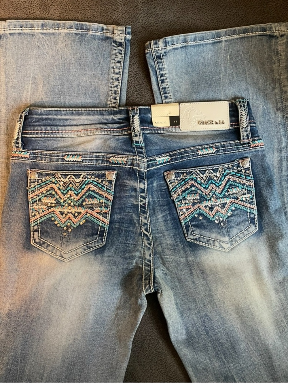 Grace in LA kids Light Blue Embroidered  Back Pocket Bootcut Jeans